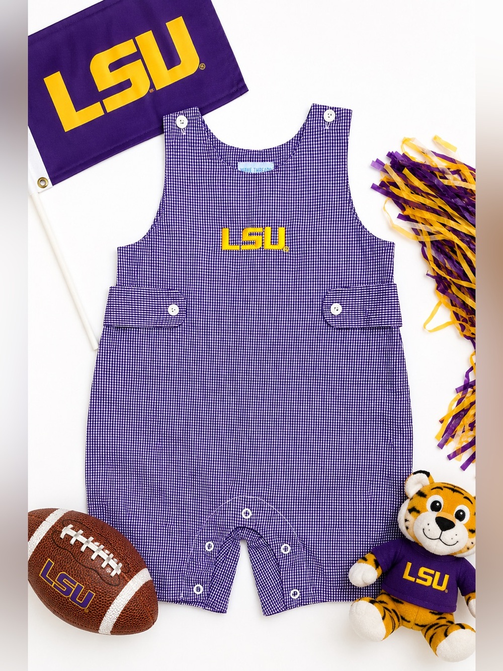 LSU Tigers Toddler Boys Romper 3T Purple Gingham Game Day Outfit Football